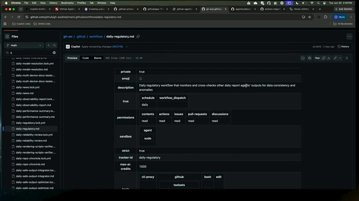 GitHub preview of a daily regulatory workflow showing its description, schedule, permissions, and settings.