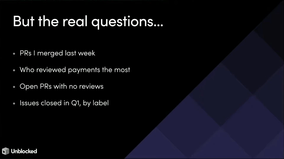 Four questions ask about merged pull requests, reviewers, open pull requests without reviews, and issues closed by label.