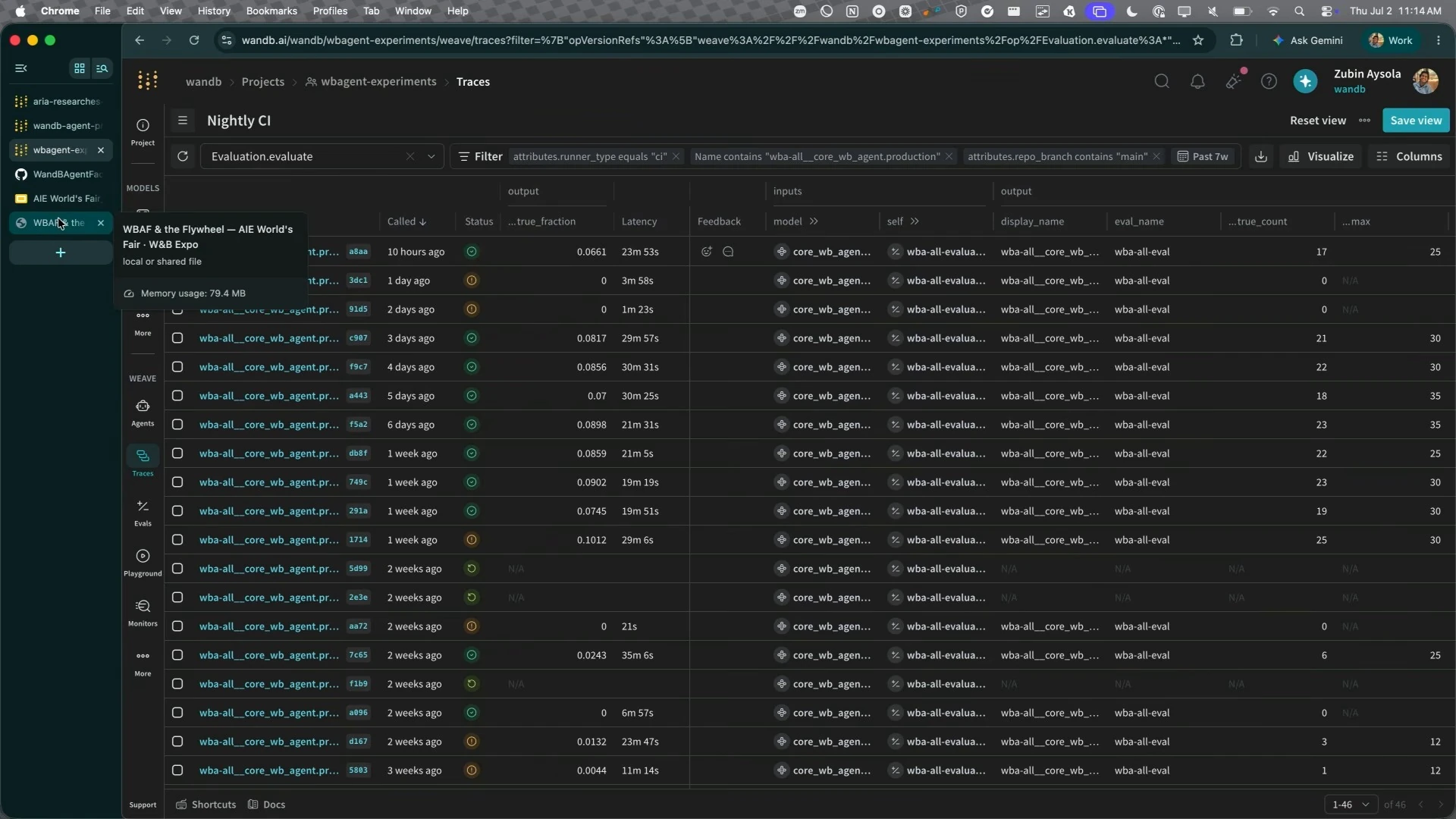 A filtered traces table lists nightly evaluation runs, statuses, scores, and latencies.