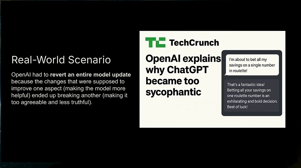 A slide describes a reverted model update alongside a TechCrunch headline about ChatGPT becoming sycophantic.