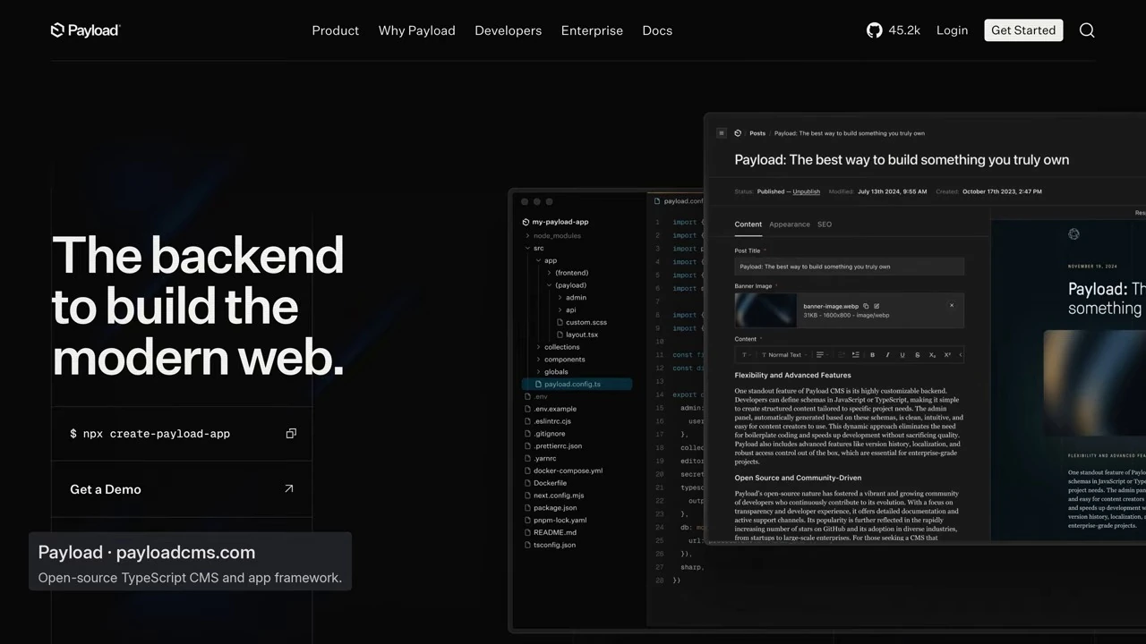 Payload homepage showing a code editor and content management interface.
