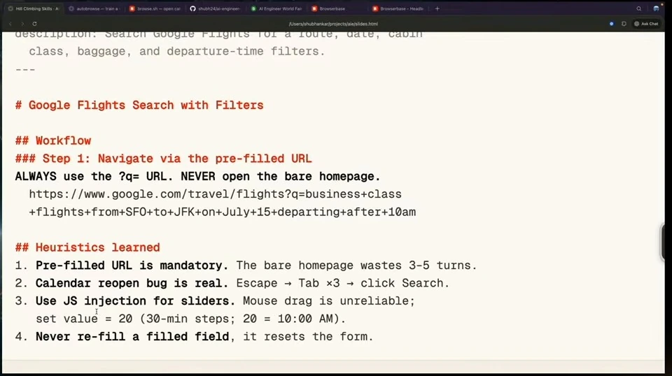Enlarged skill text describing a pre-filled search URL and four learned heuristics.