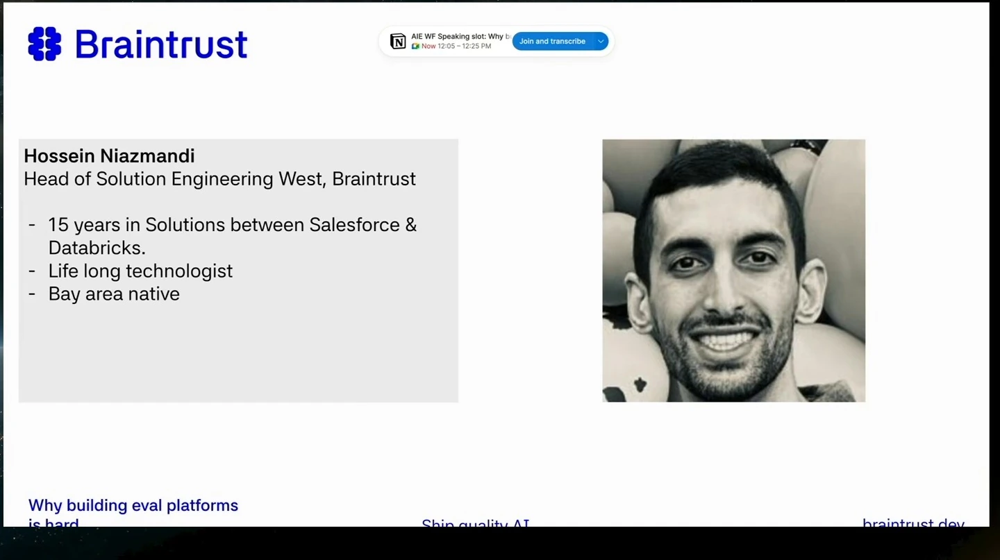 Speaker introduction with Hossein Niazmandi’s role, background, and portrait.