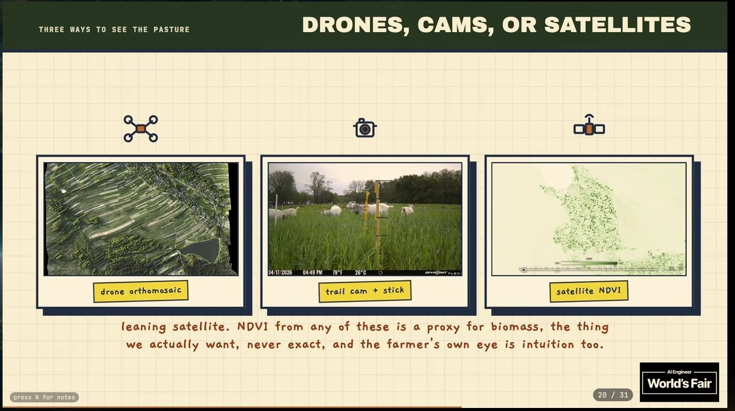 Three panels show a drone orthomosaic, a trail camera with a measuring stick, and satellite NDVI imagery.