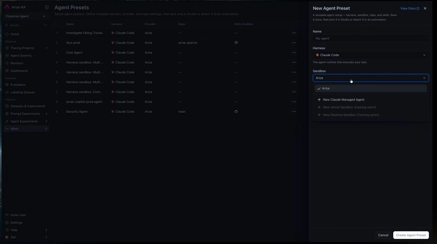 Agent preset form with the sandbox menu open.