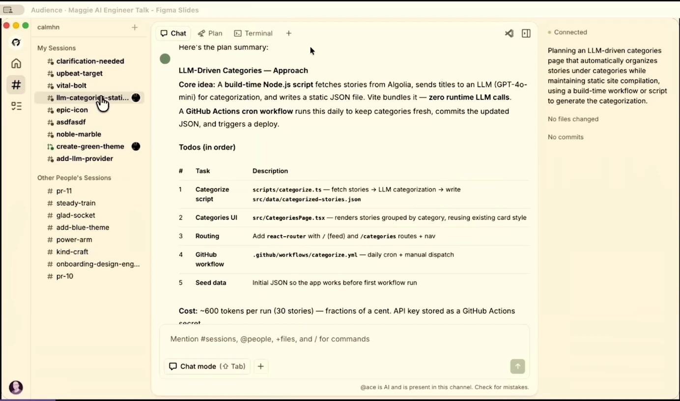 Ace displays a plan for generating story categories and a list of implementation tasks.