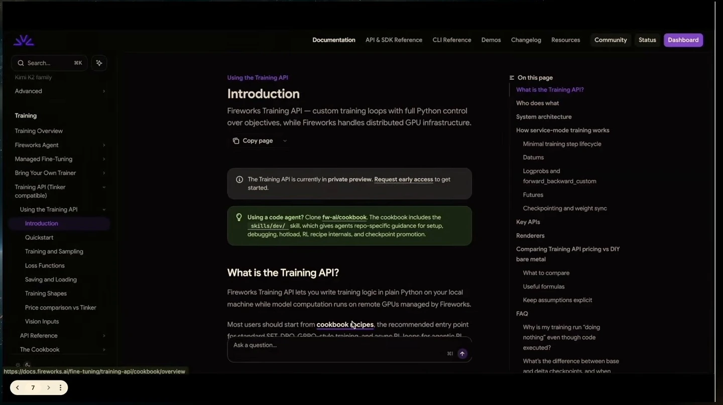 Fireworks documentation introduces the Training API and links to cookbook guidance.