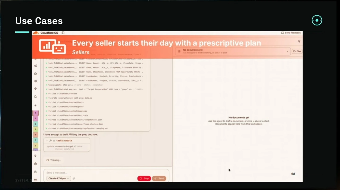 An agent workspace shows research activity for a seller plan while the document pane is empty.