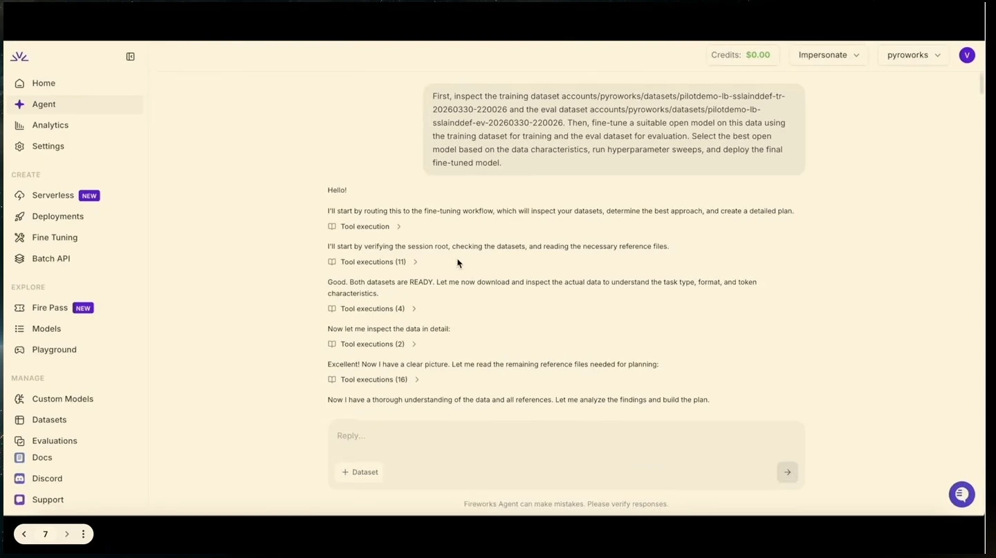 The agent checks training and evaluation datasets and starts building a fine-tuning plan.
