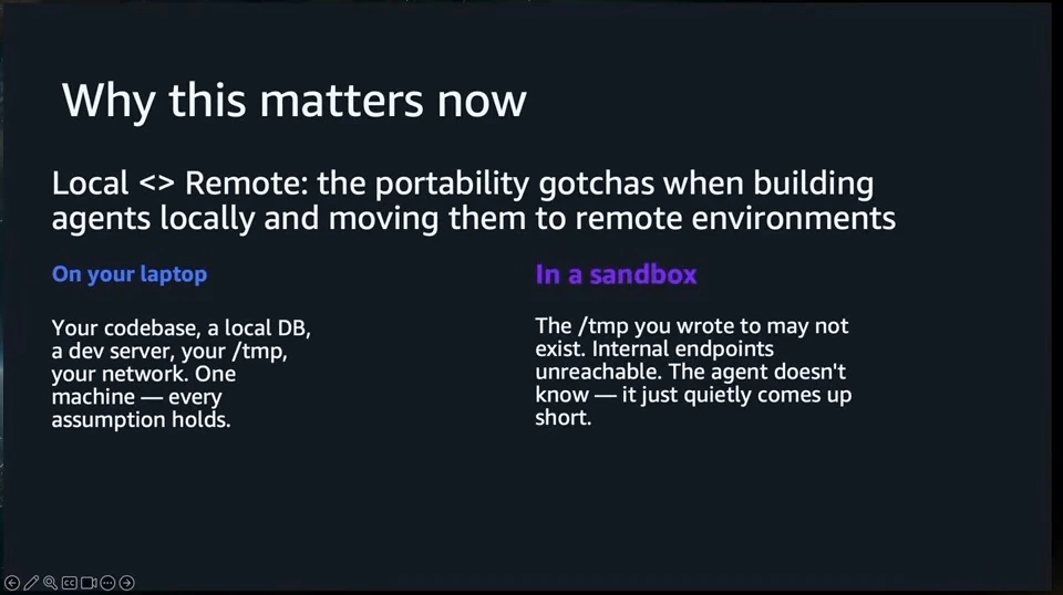 Slide contrasts resources available on a laptop with constraints in a remote sandbox.