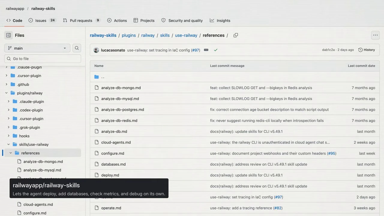 GitHub view of the Railway skill references directory, including database, configuration, and deployment files.