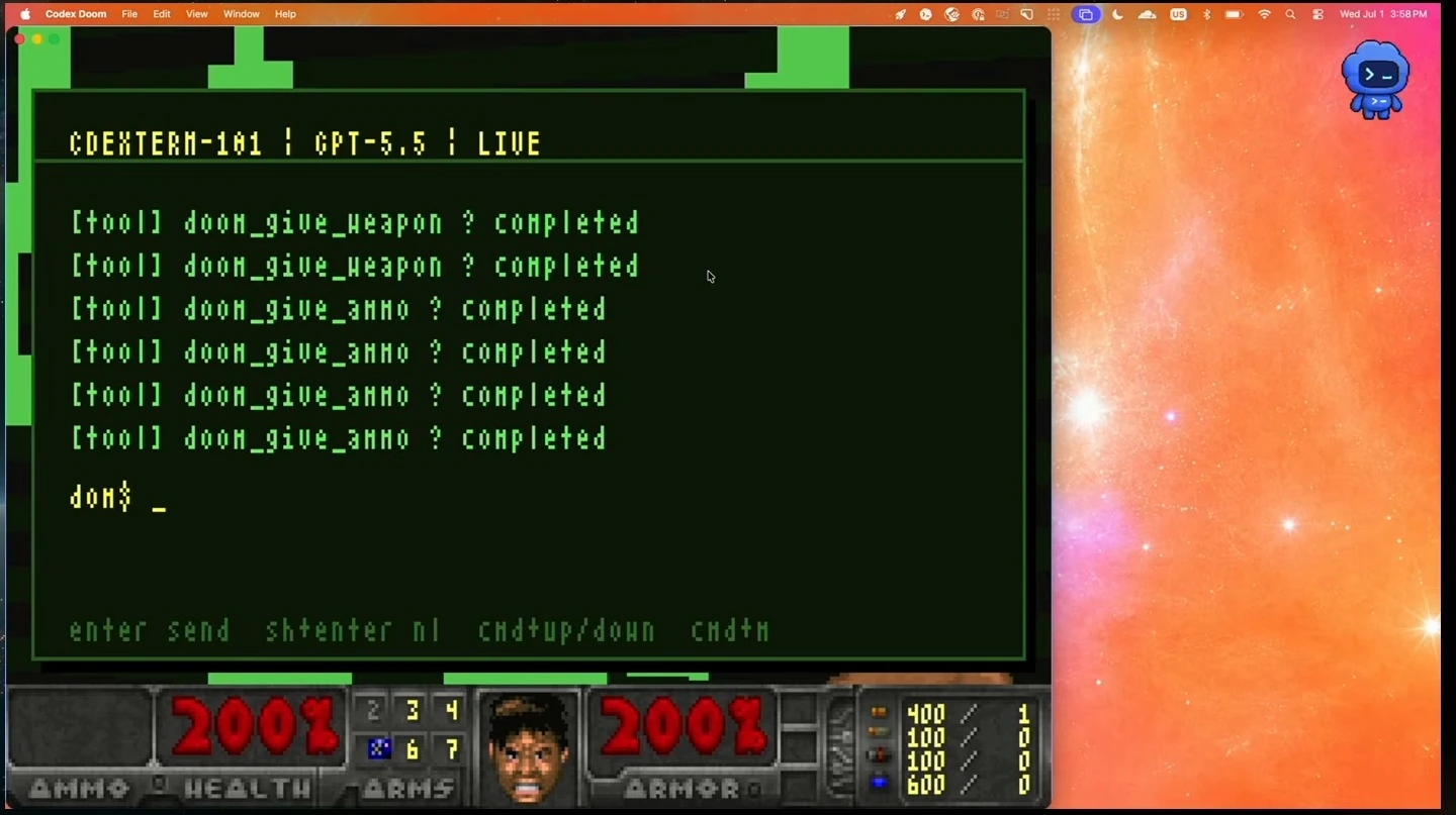 The terminal lists completed weapon and ammunition tool calls above updated game counters.