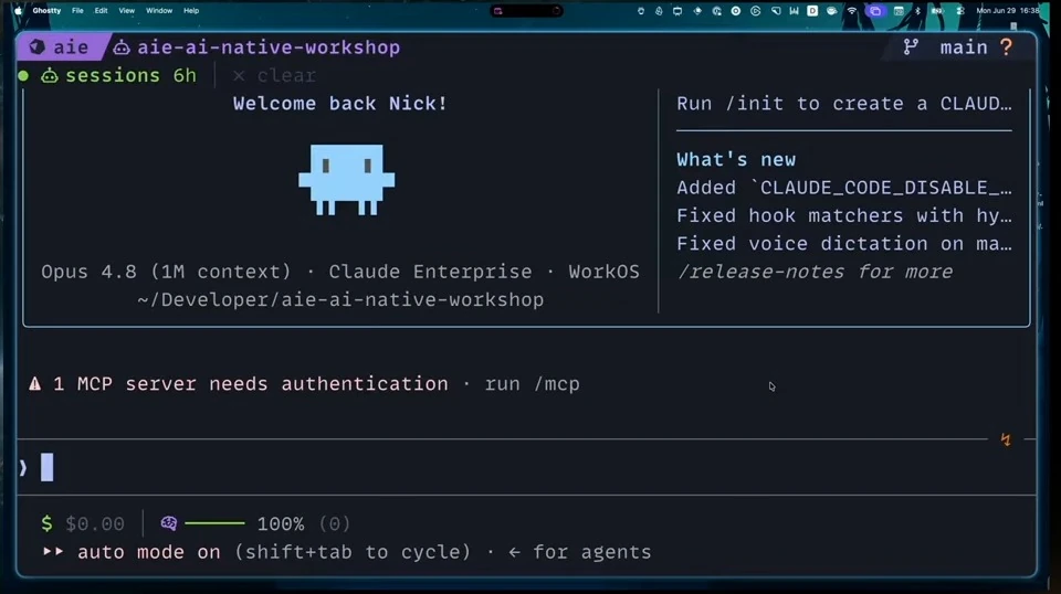 A coding agent terminal is open with an empty prompt and an authentication notice.