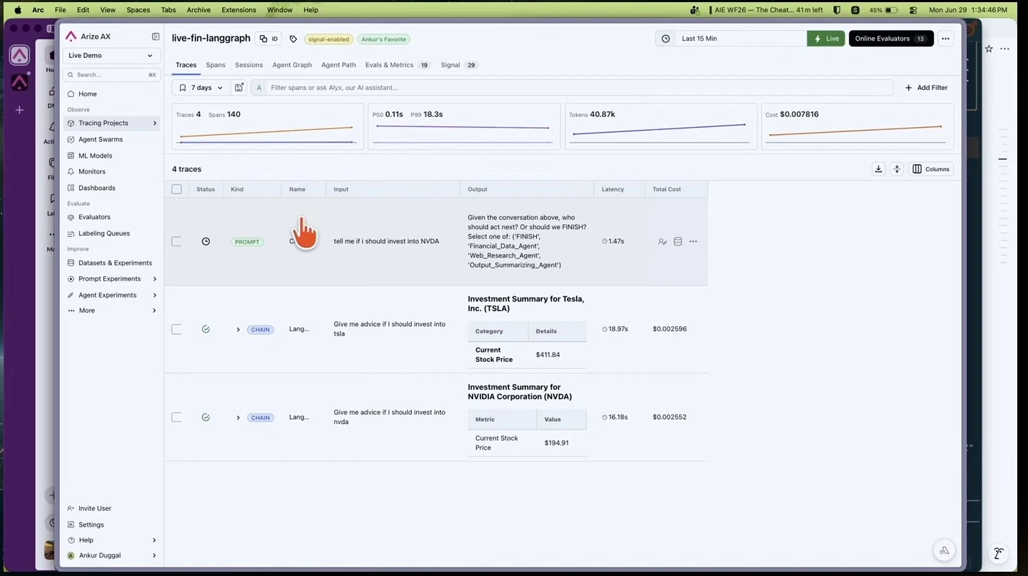 Arize displays recent financial-agent traces, including NVIDIA and Tesla investment summaries.