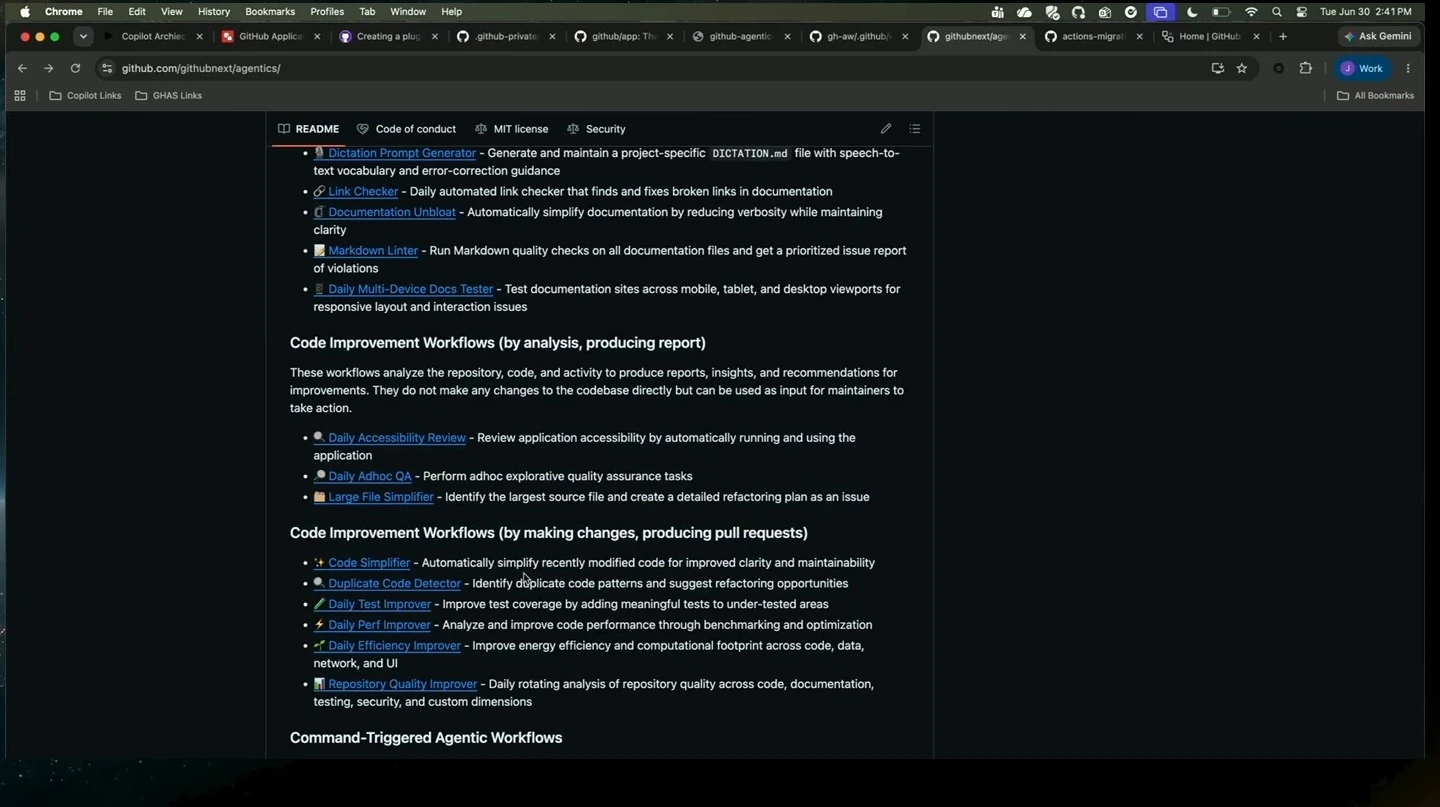 Agentics README listing code improvement workflows that produce reports or pull requests.