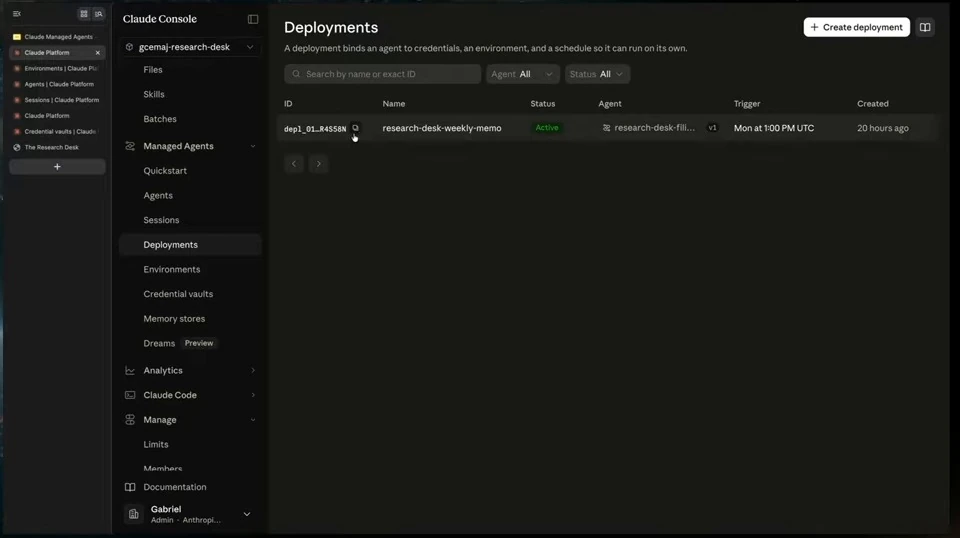 Claude Console lists an active weekly memo deployment with a scheduled trigger.
