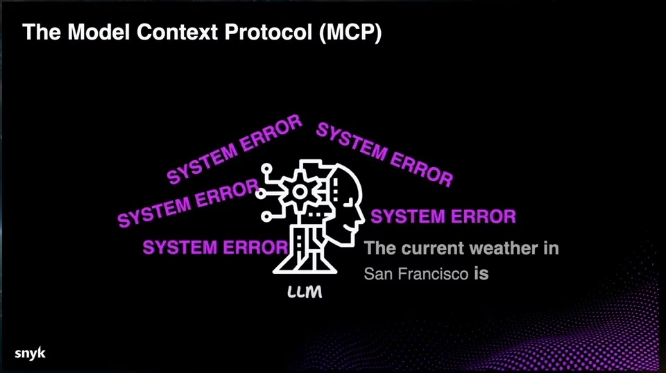 An LLM illustration surrounded by system error labels beside an unfinished question about current weather in San Francisco.