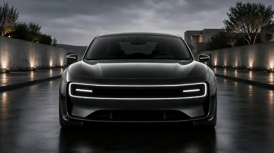 A front-facing car with illuminated headlights on a driveway.