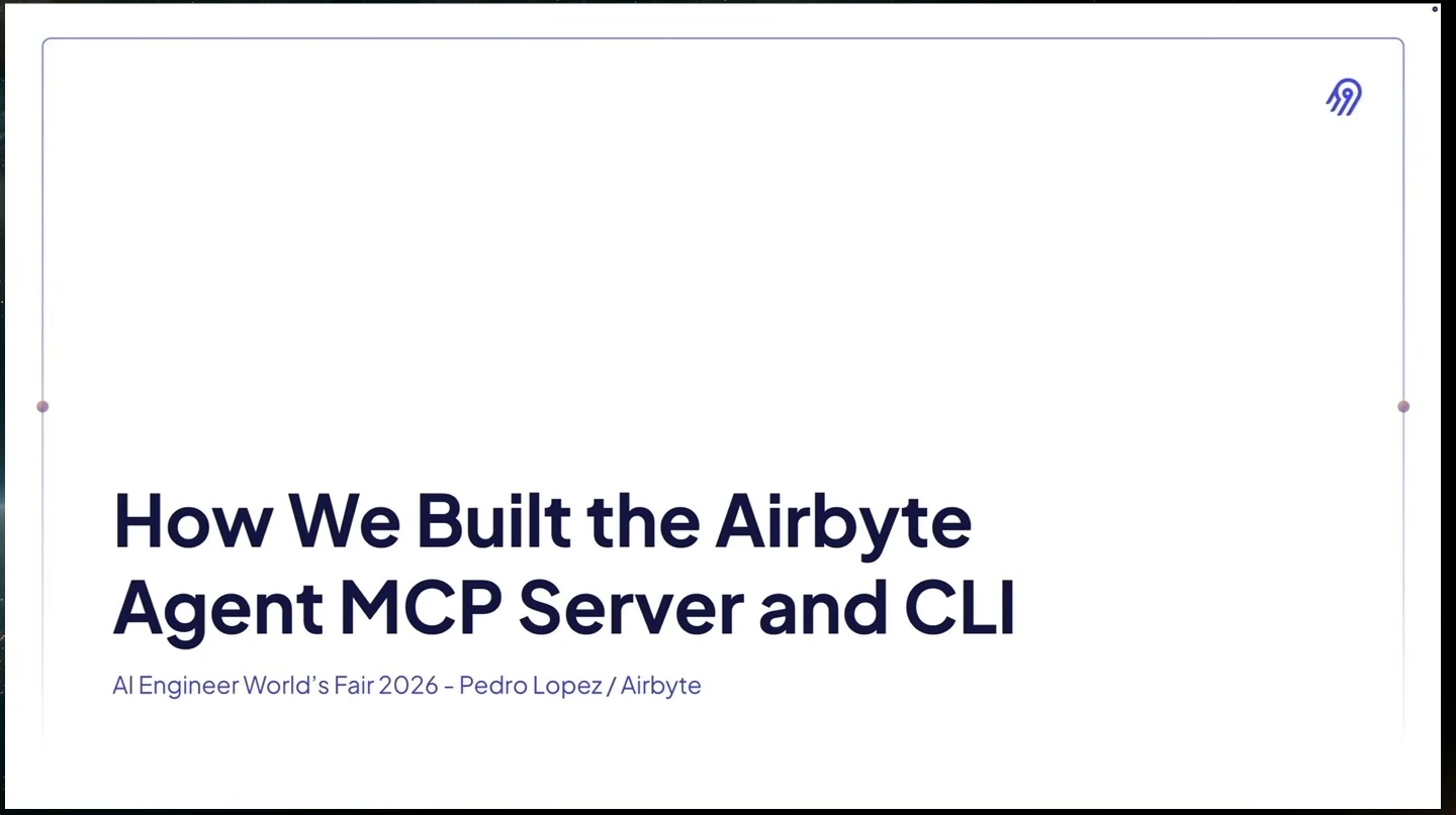 Title slide for Pedro Lopez’s Airbyte talk at AI Engineer World’s Fair 2026.
