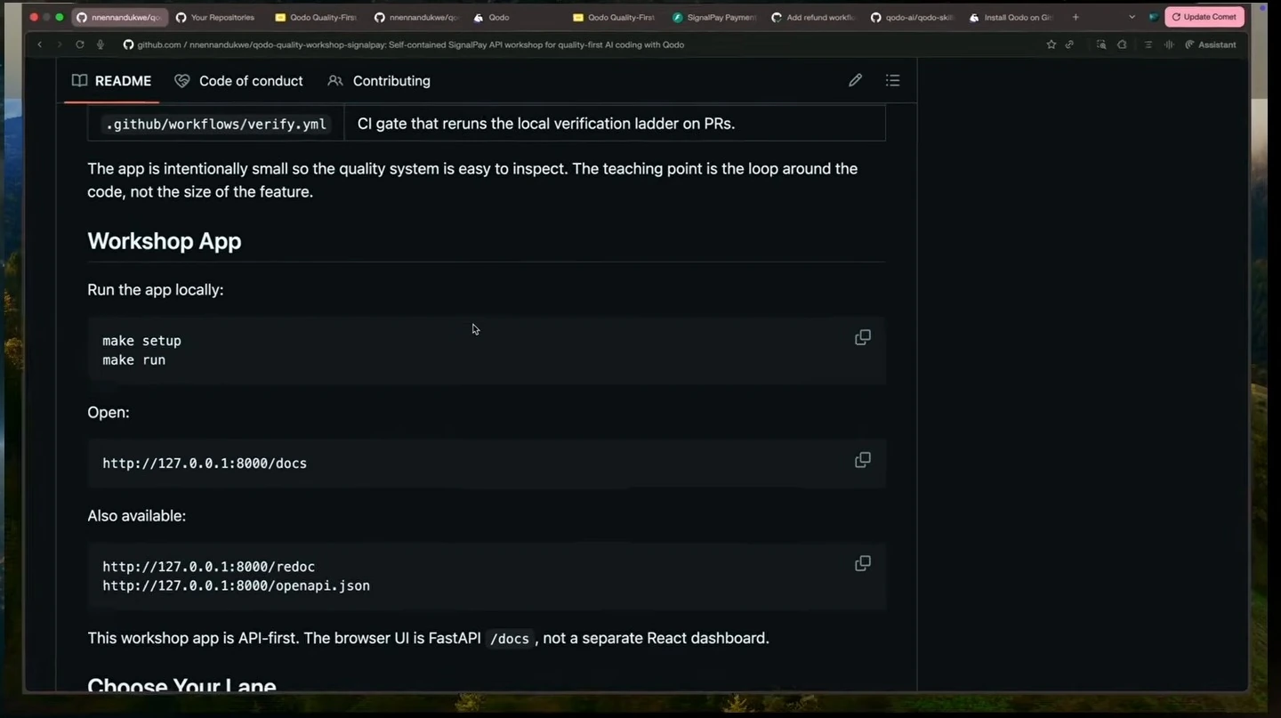 Enlarged README view shows commands for running the app and opening its API documentation.