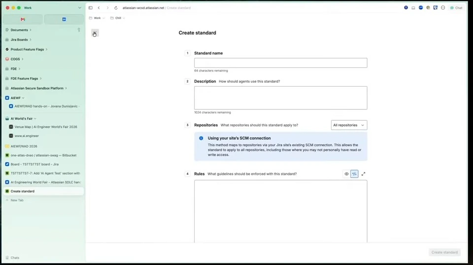 Blank form for creating a standard, with name, description, repository and rules fields.