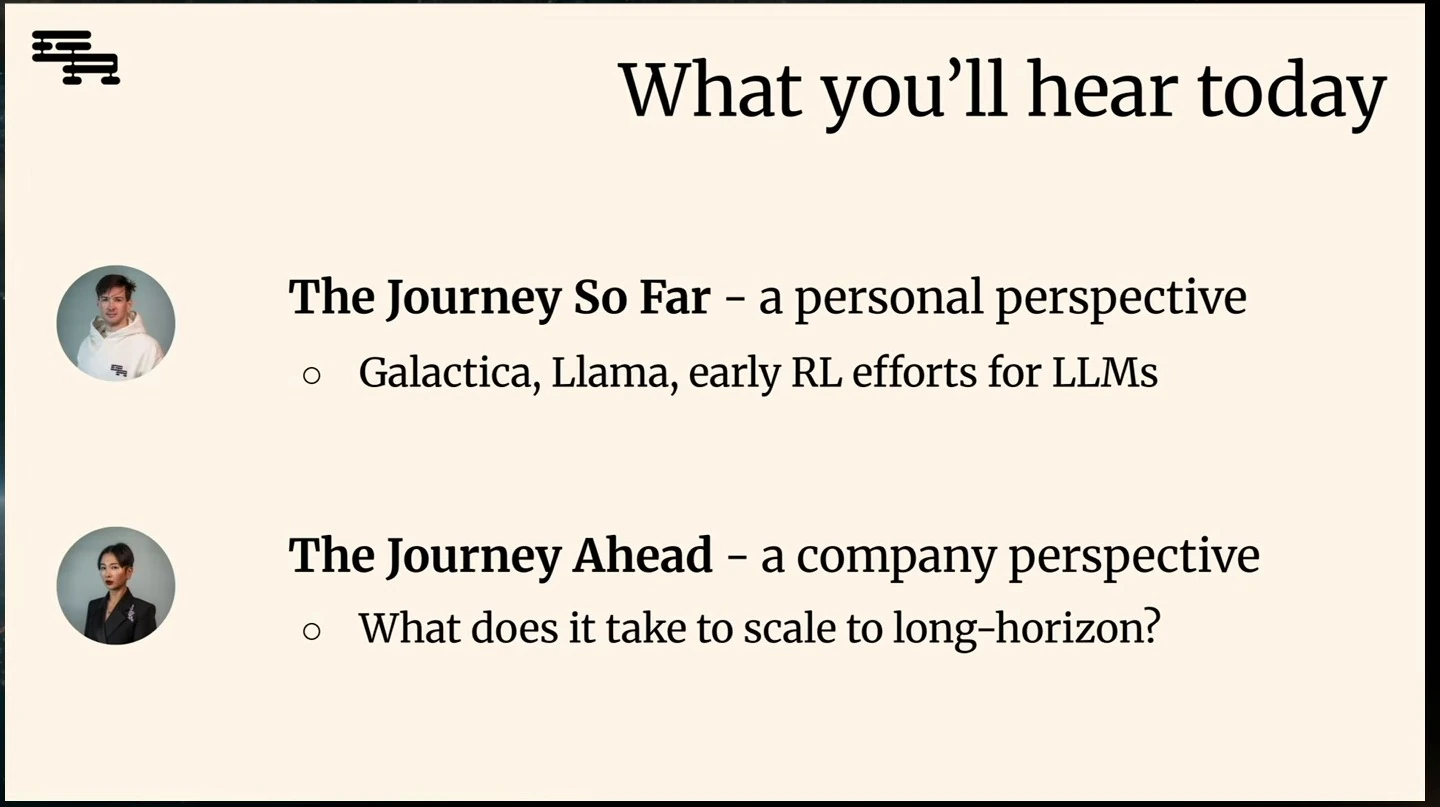 Agenda covering a personal perspective on past language models and a company perspective on scaling to long horizons.