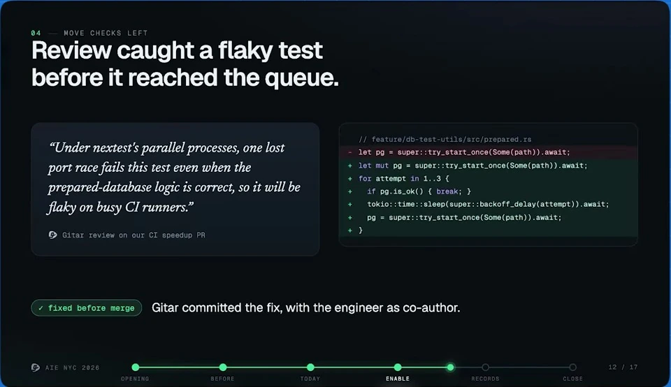 Review caught a flaky test before it reached the queue — recorded presentation, build 2