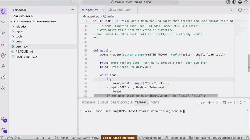 Code editor showing the agent initialized with editor, shell, and load-tool capabilities.