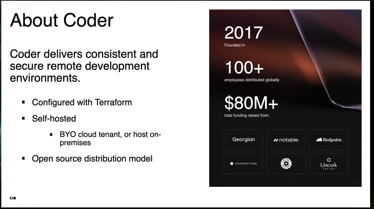 Coder describes its remote development environments, hosting model, company size, and funding.