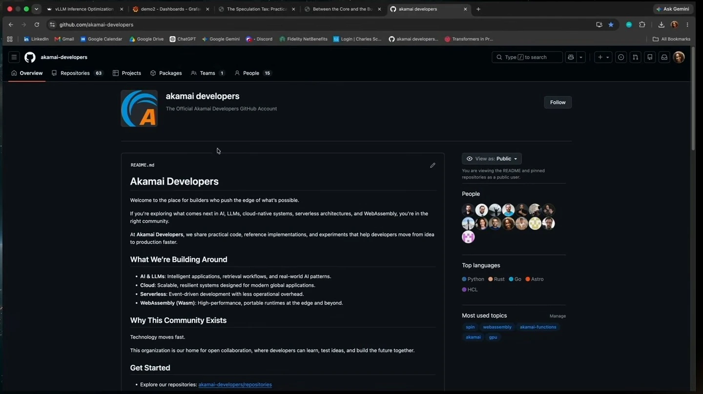 GitHub organization page introducing Akamai Developers and its AI, cloud, serverless, and WebAssembly work.