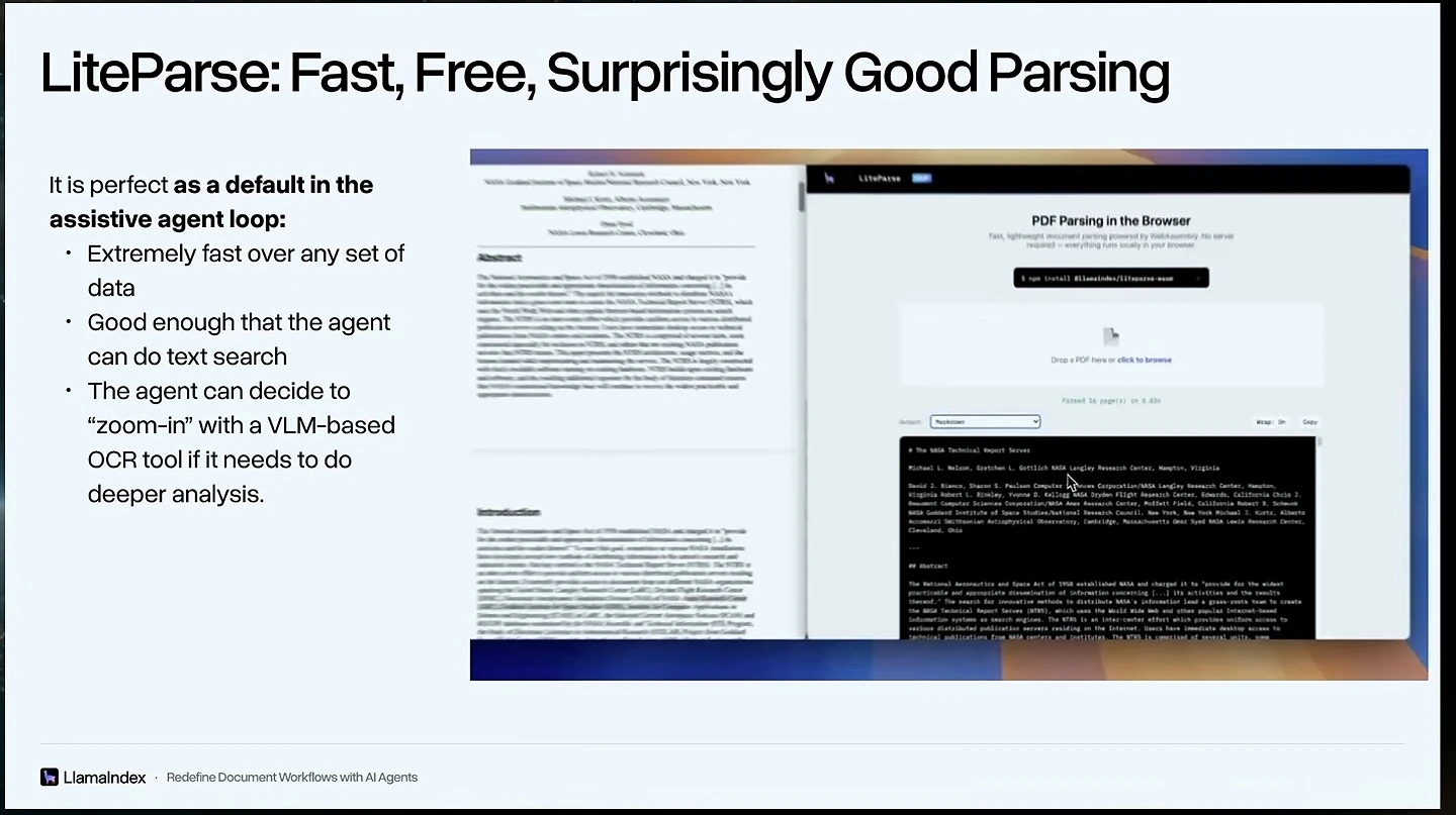Slide describes fast parsing, text search, and deeper VLM-based OCR, alongside a browser demo.