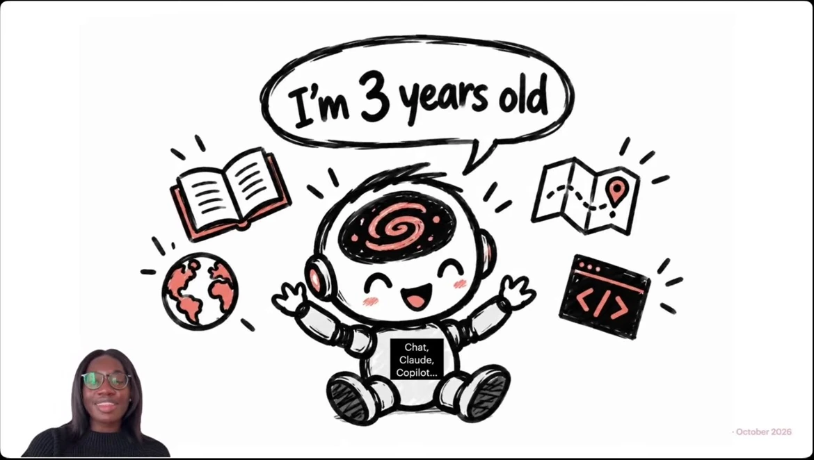 A cheerful illustrated AI agent says it is three years old, surrounded by book, globe, map and code symbols.
