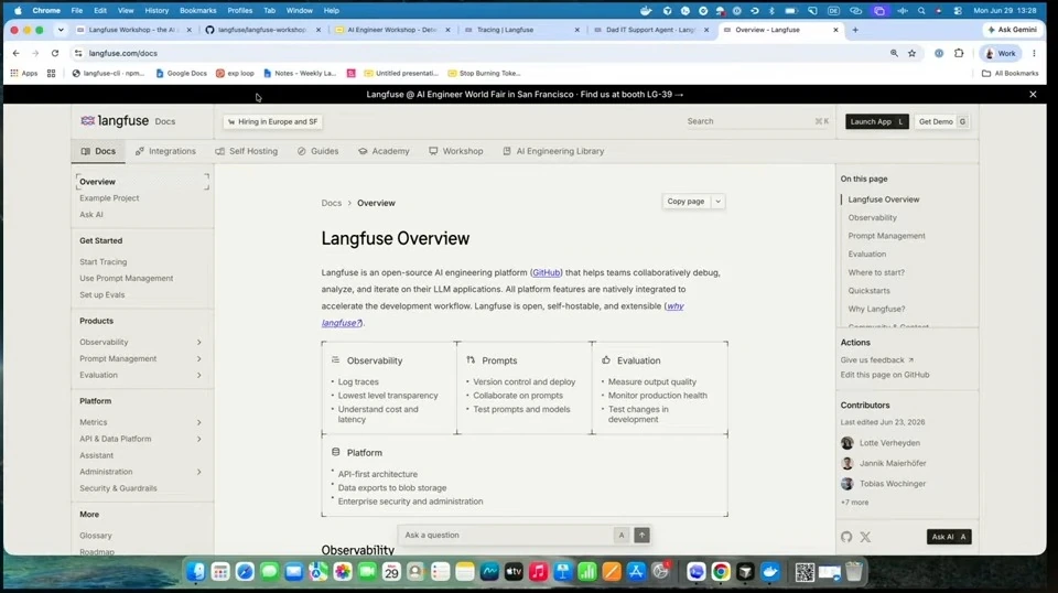 The Langfuse overview page introduces observability, prompts, evaluation and platform features.