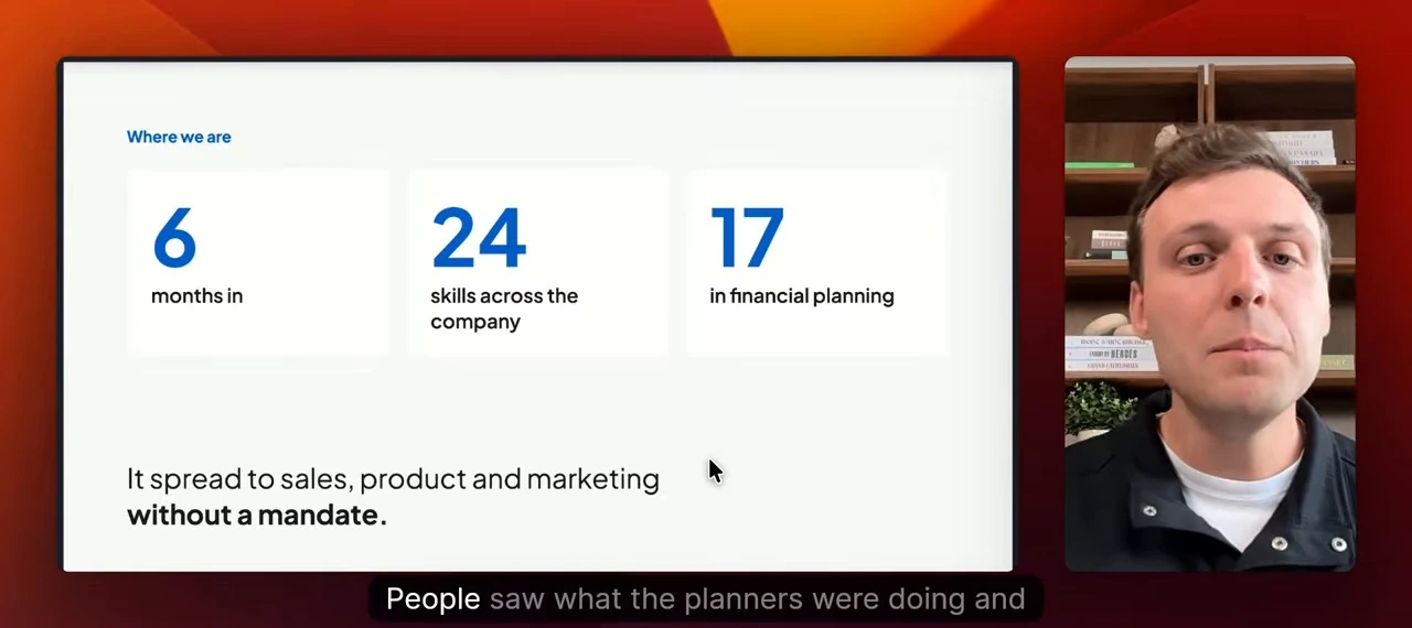 Six months in, the company has 24 skills, including 17 in financial planning; adoption spread to sales, product and marketing without a mandate.