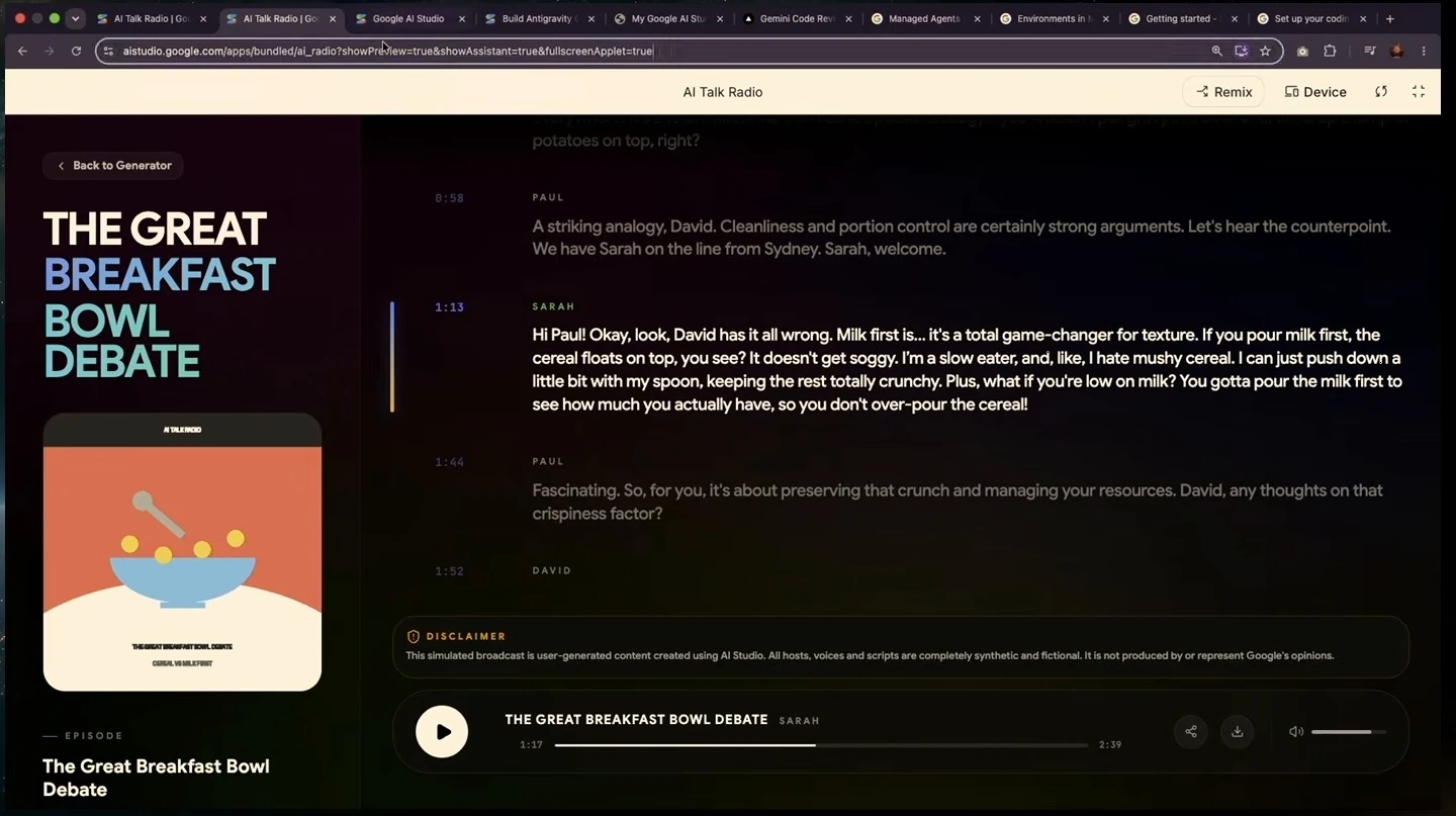 A generated breakfast debate plays with Sarah’s transcript highlighted beside episode artwork.