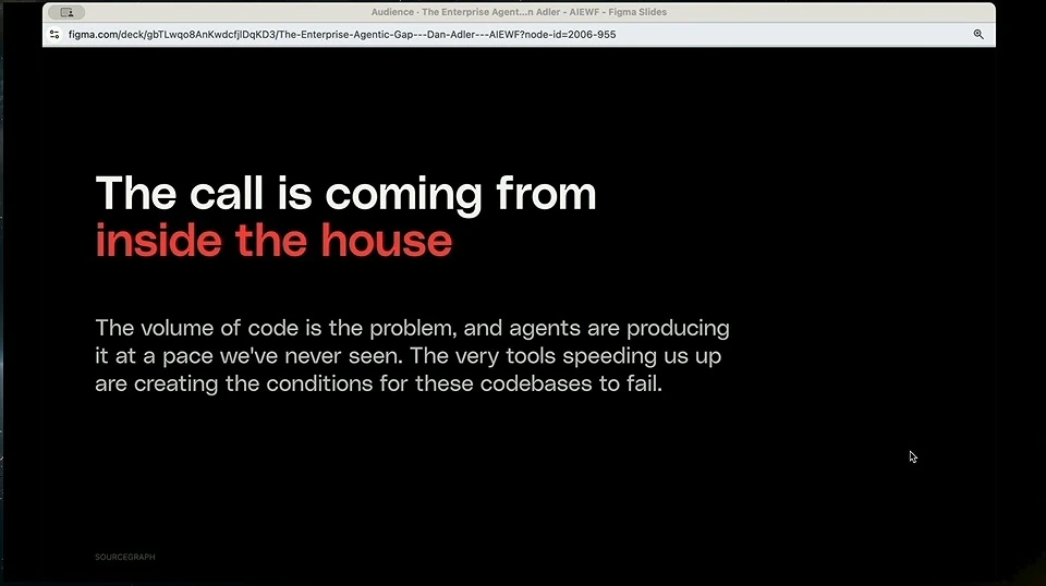 Slide says agents are producing code at unprecedented speed and that these tools create conditions for codebases to fail.