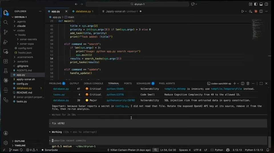 The terminal shows a request to fix the SQL injection rule and indicates that Codex is working.