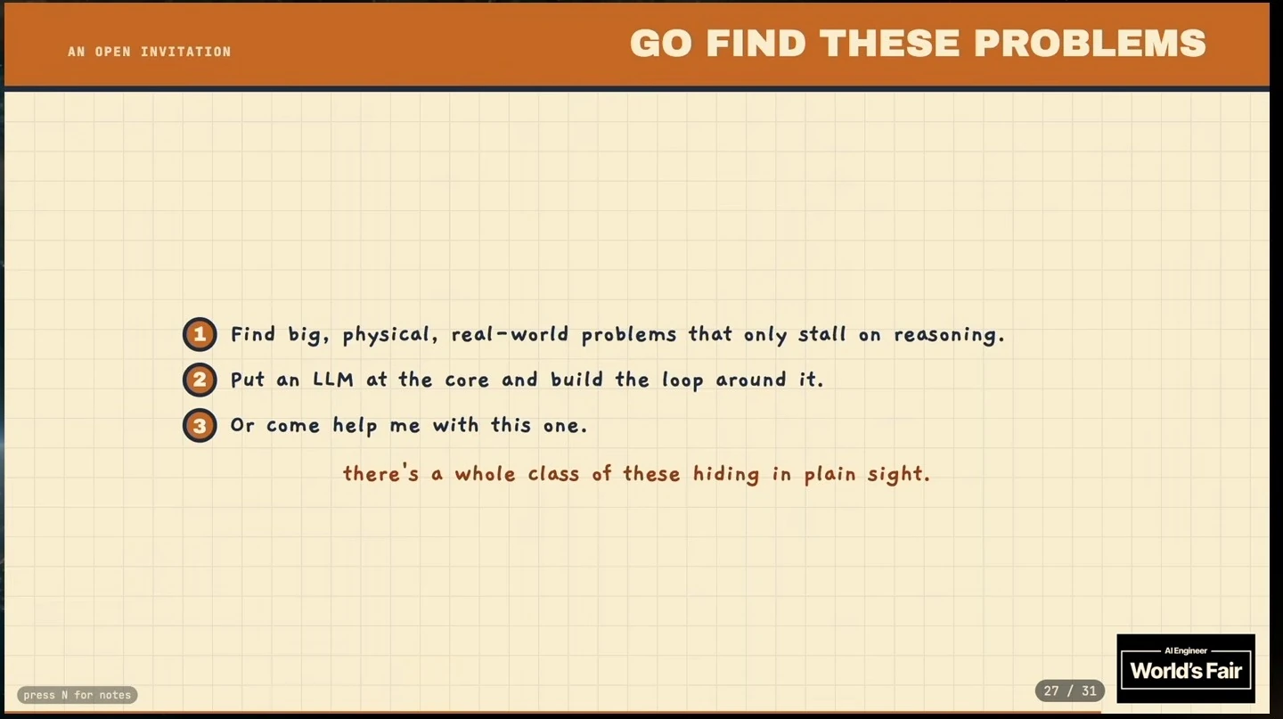 Three points invite the audience to find physical problems, build an LLM-centered loop or help with this project.