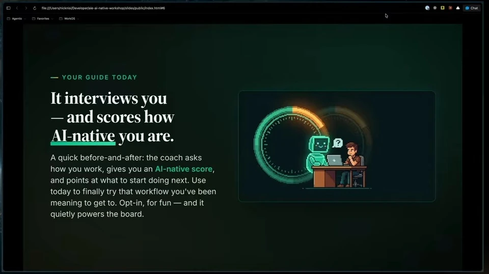An optional coach interviews participants, gives an AI-native score, and suggests what to try next, alongside an illustration of a person and robot.
