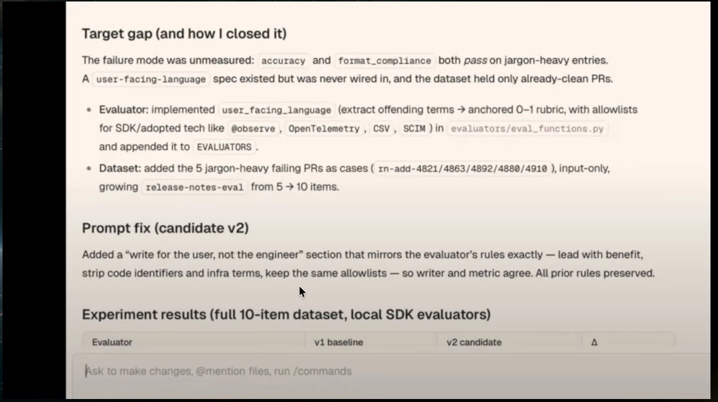 The report describes a new language evaluator, five added dataset cases, and a candidate prompt that leads with user benefits.