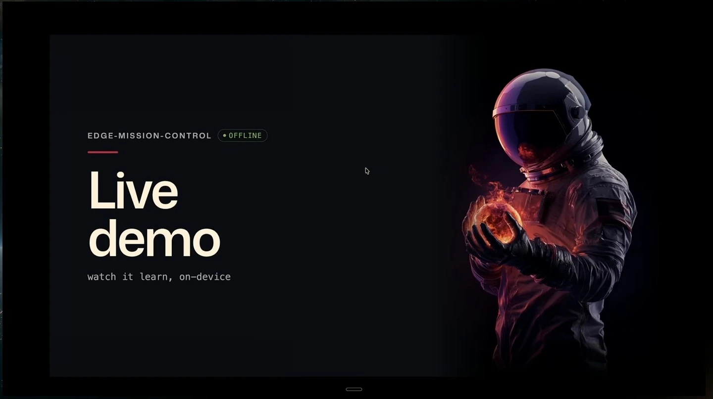 An offline mission-control demo title appears beside an astronaut holding a glowing object.