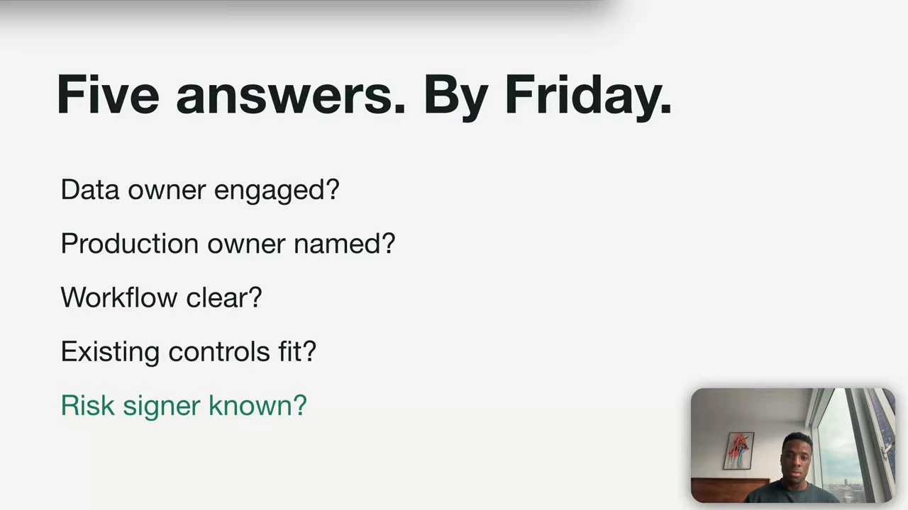 Five questions cover data ownership, production ownership, workflow, controls and the risk signer.