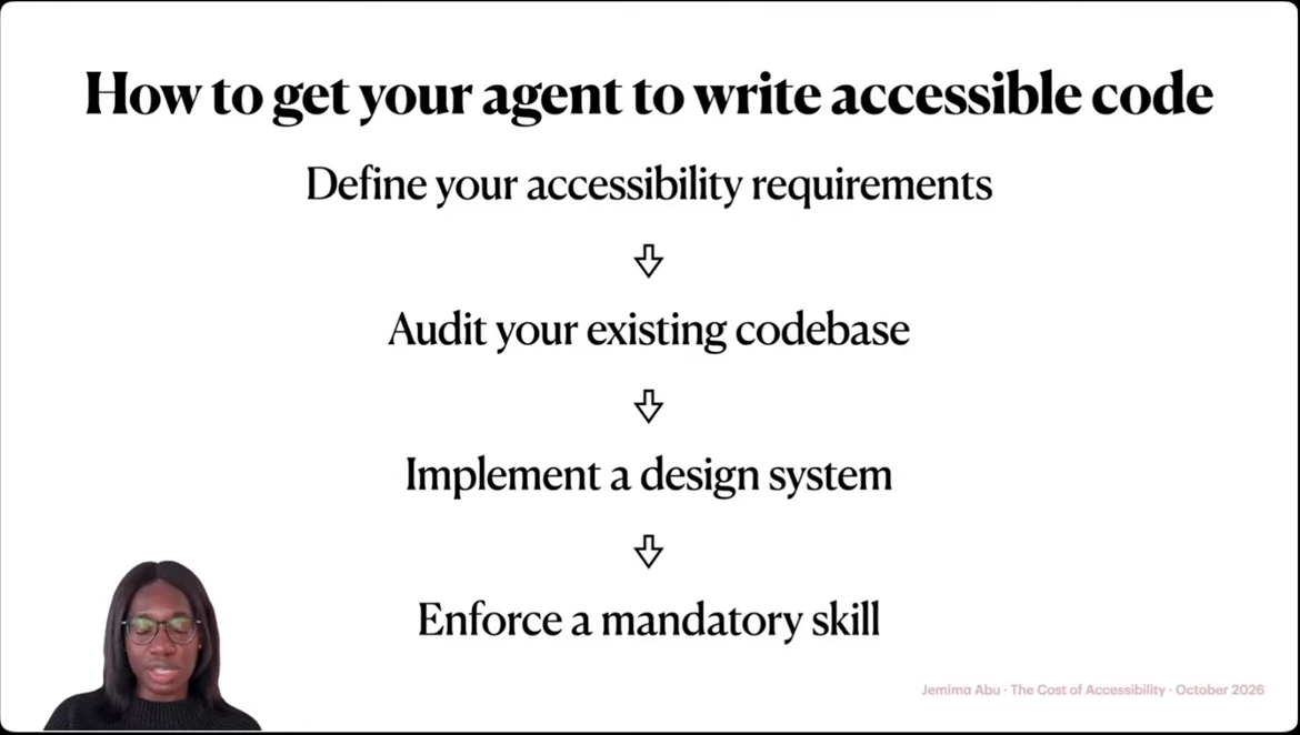Four steps: define accessibility requirements, audit the existing codebase, implement a design system, and enforce a mandatory skill.
