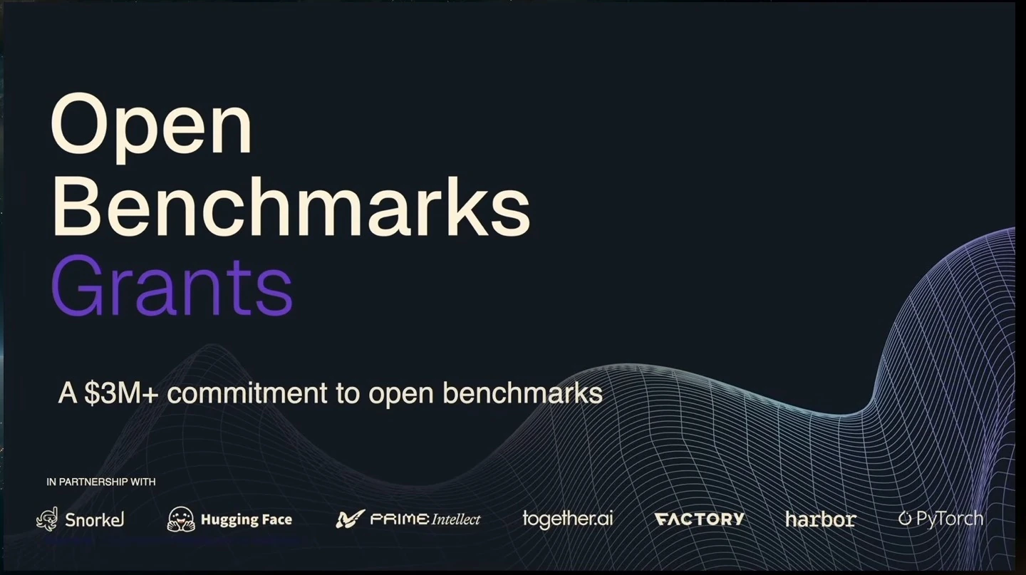 Announcement of a commitment exceeding $3 million to open benchmarks, with partner logos.