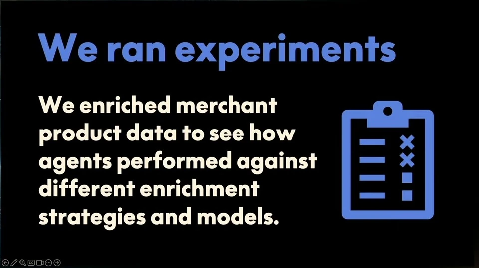 The slide introduces experiments enriching merchant product data to compare agent performance across strategies and models.