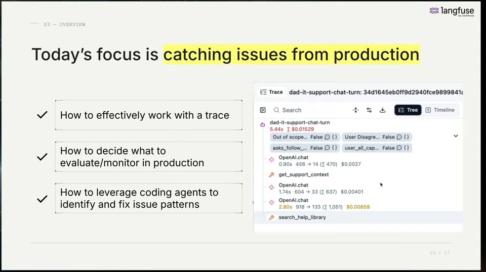 Overview of working with traces, monitoring production, and using coding agents to identify issue patterns.