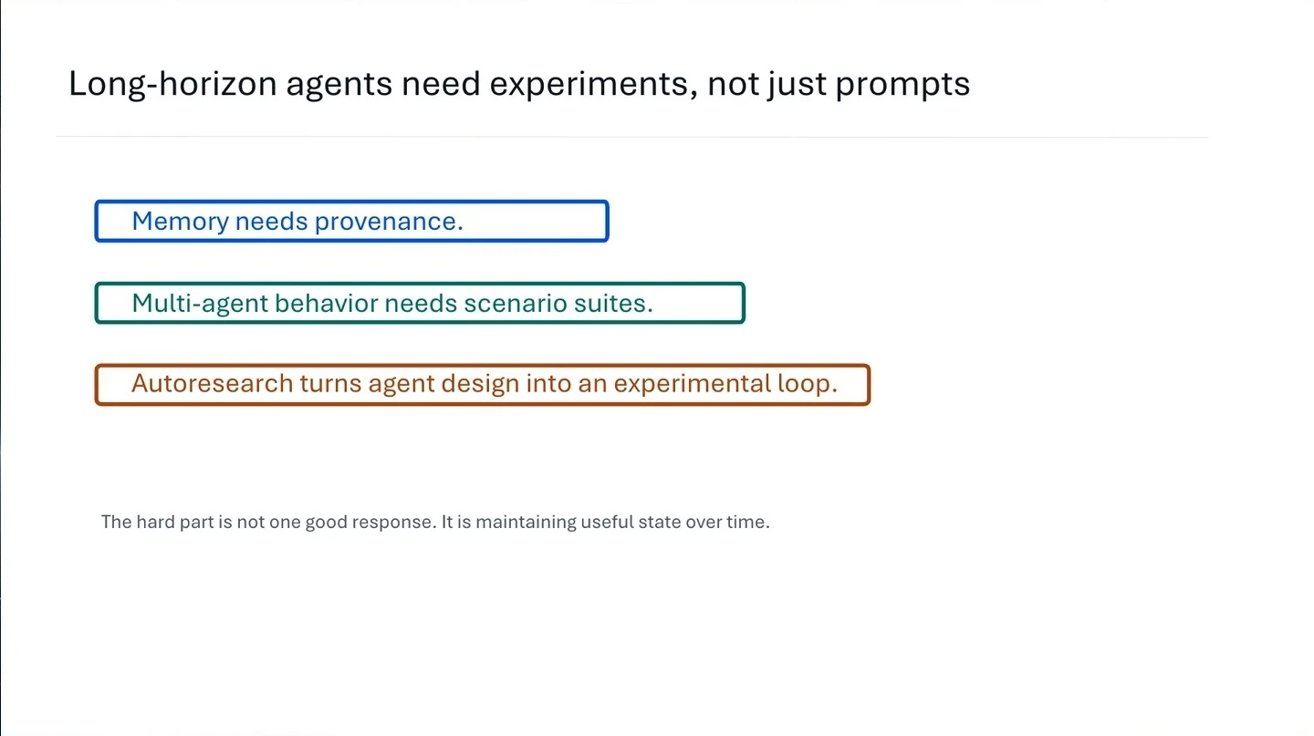 Closing takeaways emphasize provenance, scenario suites and an experimental loop for agent design.