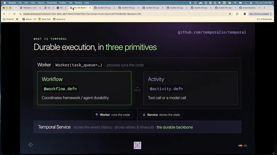 A worker runs workflow and activity code, while the Temporal service stores event history and supports retries and timeouts.