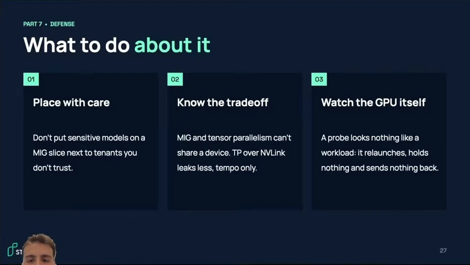 Three recommendations: place sensitive models carefully, understand the MIG and NVLink tradeoff, and monitor GPU activity.