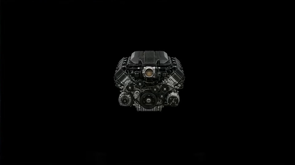 An engine centered against a black background.